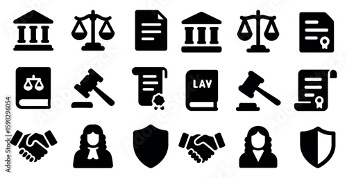 Law and justice solid icons set – filled, legal documents and courtroom symbols