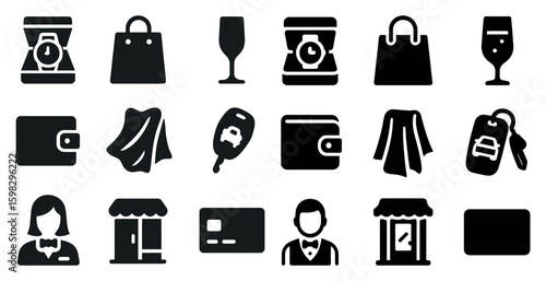Shopping and retail icons set – solid, filled, commerce and purchasing symbols