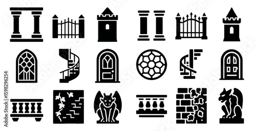 Castle and architecture solid icons set – silhouette, filled, historic building elements