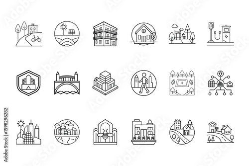 Set line icons representing eco urbanism sustainable city living green