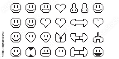 A collection of pixelated black and white icons including smileys hearts and arrows on a white background