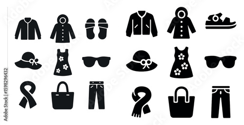Fashion and clothing silhouette icons set – solid, filled, style and apparel symbols
