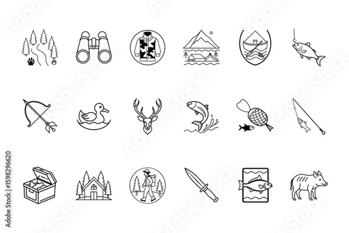 Set outline icons for hunting fishing activities equipment vector