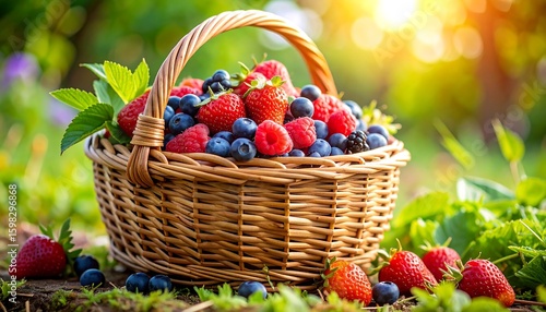 Fresh berries in a wicker basket outdoors