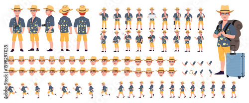 Traveler character model sheet, Character poses, expressions, Walk cycle, Run cycle animated character sequences.