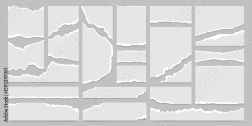 Retro torn paper sheet, ripped newspaper strip, text message banner background and grunge notebook page collection with brush stroke texture. Realistic label sticker or sticky note collage with shadow