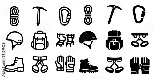Outdoor adventure silhouette icons set – hiking, climbing, expedition symbols