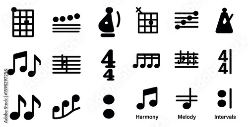 Music theory icons set in solid style – notes, harmony, rhythm symbols