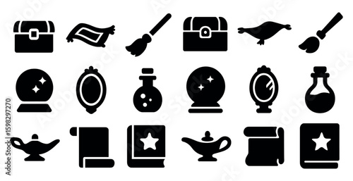 Magic and wizardry solid icons set – outline, filled, enchanted symbols