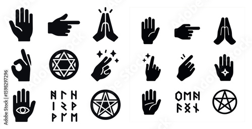 Hand gesture silhouette icons set – mystic, hand sign and symbolic emblems collection