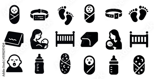 Baby care solid icons set – parenting, infant essentials, childcare symbols