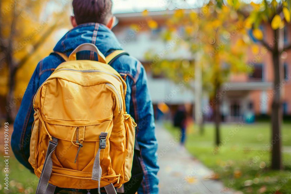 Obraz premium Student walking to school on the first day of September with backpack, autumn education season, Generative AI