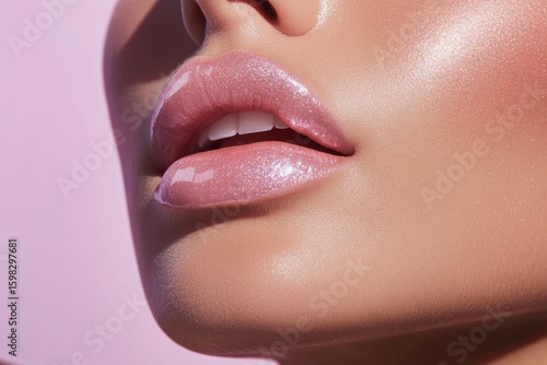 Soft pink lipstick enhances radiant lips with a glossy shine for a fresh look