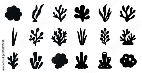 Underwater silhouette icons set – aquatic, marine, ocean life symbols