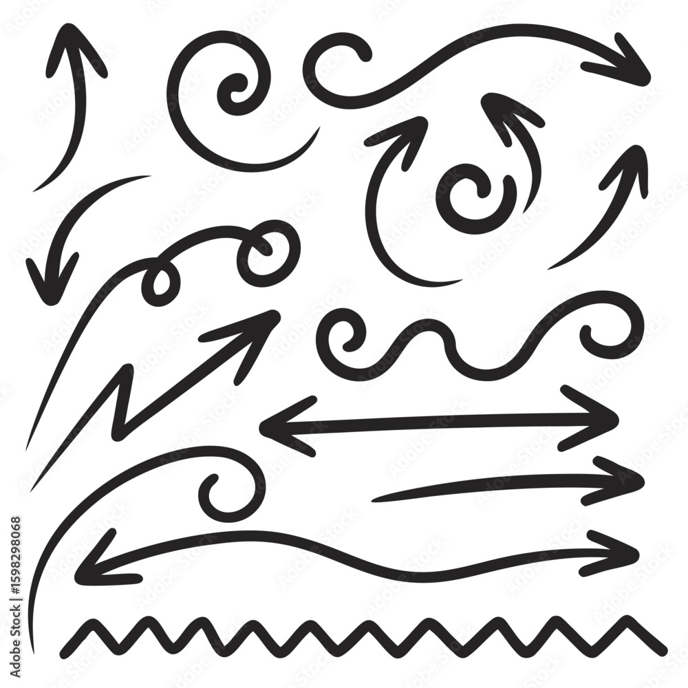 Fototapeta premium Collection of Hand Drawn Black Arrows and Swirls on White Background handdrawn