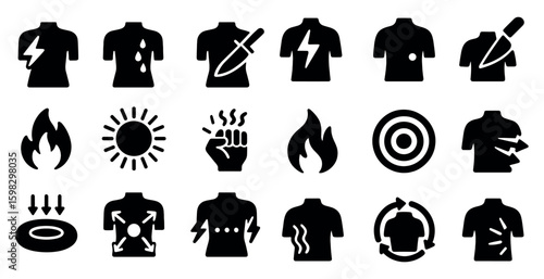 Video game buff silhouette icons set – flat, filled, power and strategy symbols