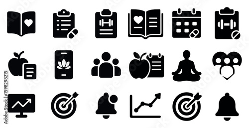 Health and fitness solid icons set – wellness, exercise, lifestyle symbols