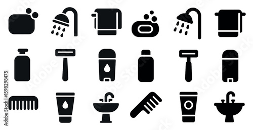 Bathroom and hygiene solid icons set – filled, grooming, and toiletries symbols