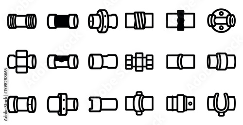 Plumbing and pipework outline icons set – linear, line, construction and repair tools