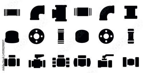 Plumbing tools silhouette icons set – filled, solid, construction, maintenance symbols