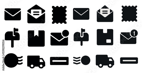 Mail and parcel solid icons set – filled, delivery, shipping and correspondence symbols