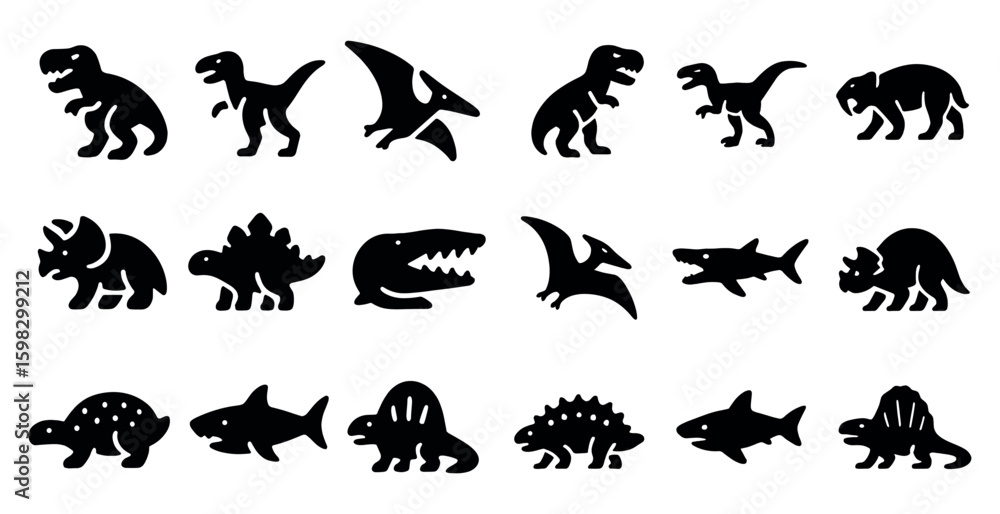 Naklejka premium Dinosaur and prehistoric silhouette icons set – solid, filled, ancient life symbols