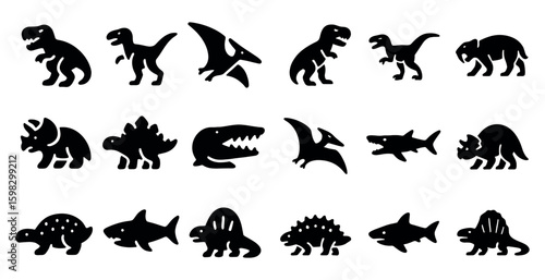 Dinosaur and prehistoric silhouette icons set – solid, filled, ancient life symbols