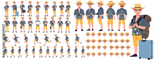 Traveler character model sheet, Character poses, expressions, Walk cycle, Run cycle animated character sequences.