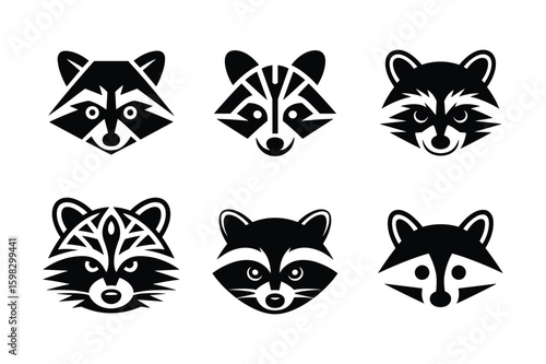 Stylized black raccoon faces with geometric patterns and distinct markings animal