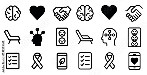 Health and wellness outline icons set – fitness, medical symbols, flat designs