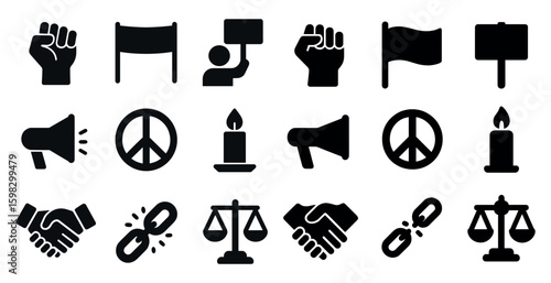 Protest and activism icons set – solid, filled, advocacy and demonstration symbols