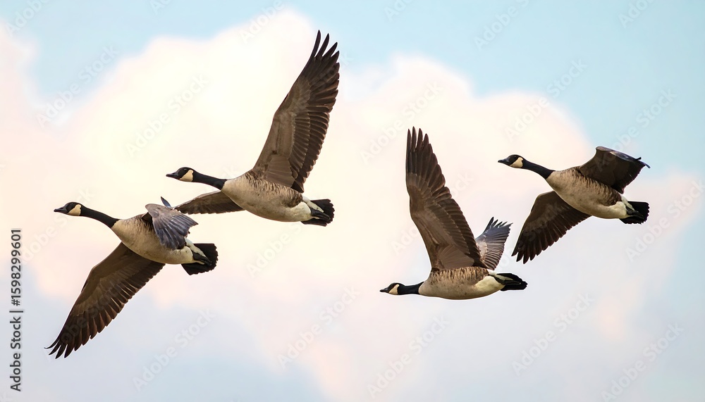 Obraz premium Four geese in flight against a pale sky