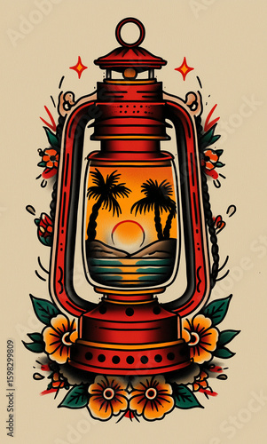 Vintage lantern with tropical sunset illustration | Traditional tattoo design, bold vibrant colors, beach and palm tree motif | Travel-themed apparel graphics, retro decorative art.