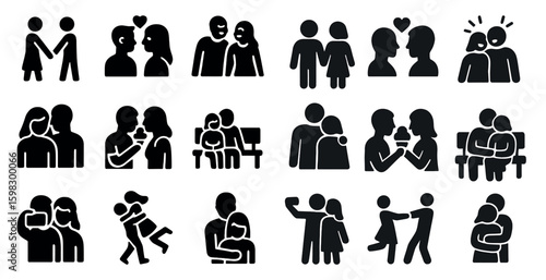 Relationships silhouette icons set – solid, filled, love and connection symbols