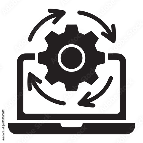 Digital transformation concept with a laptop displaying a gear and circular arrows symbolizing process and automation