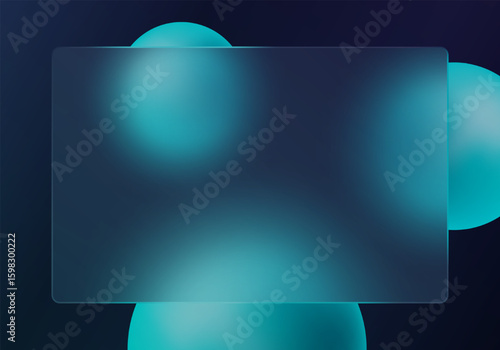 Glassmorphism panel with glowing blue spheres on dark background