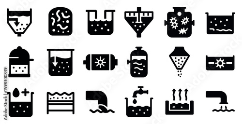 Fluid dynamics solid icons set – filled, industrial, water processing symbols