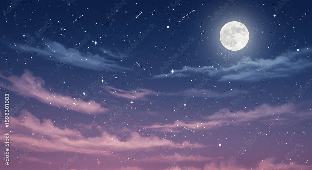 Fototapeta premium A breathtaking night sky features a bright full moon, scattered stars, shooting stars, and soft purple and blue clouds, creating a serene celestial landscape.