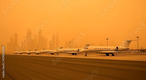 Private jets at Dubai airport during a sandstorm with obscured city skyline