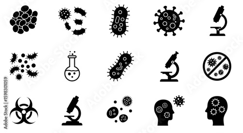 Virus icon set. Included icons as Colony of Bacteria, Bacteria, microbiology, biohazard, disease and more.black and white vector high resolution design
