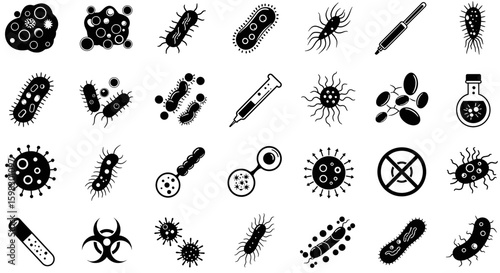 Virus icon set. Included icons as Colony of Bacteria, Bacteria, microbiology, biohazard, disease and more.black and white vector high resolution design
