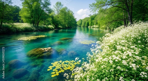 Serene river flowing through lush green forest with wildflowers