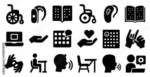 Accessibility and communication solid icons set – inclusive, disability, assistive symbols