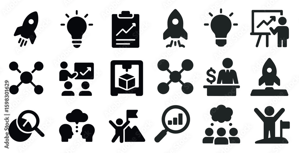 Obraz premium Business and startup icons set – solid, filled, corporate and management symbols