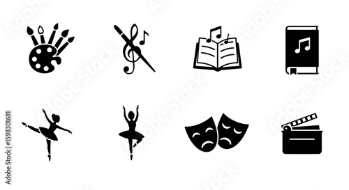 set of black icons dedicated to arts: painting, music, literature, ballet, theater and cinema
