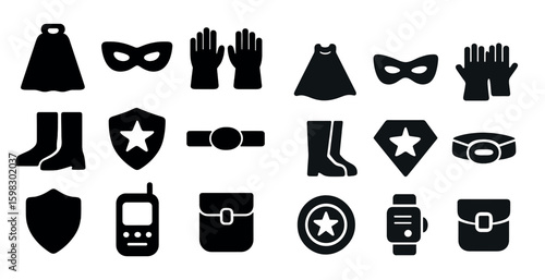 Heroic adventures silhouette icons set – superhero, costume and disguise symbols