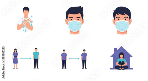 Recommendations for the prevention of viral infectious diseases. Preventive measures to maintain health. Wash your hands, use a mask, keep your distance and isolate yourself. Isolated vector elements
