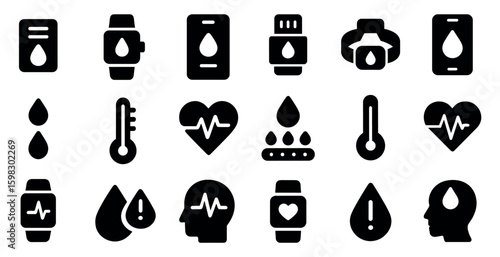 Health monitoring solid icons set – filled, medical, wearable technology symbols