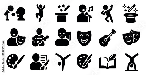 Performing arts solid icons set – silhouette, theatrical, music and dance symbols