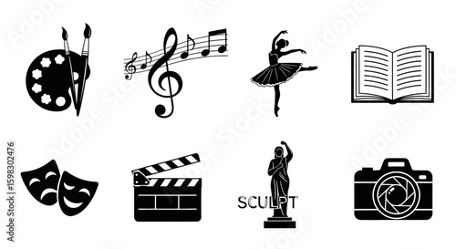 set of black icons dedicated to arts: painting, music, literature, ballet, theater and cinema
